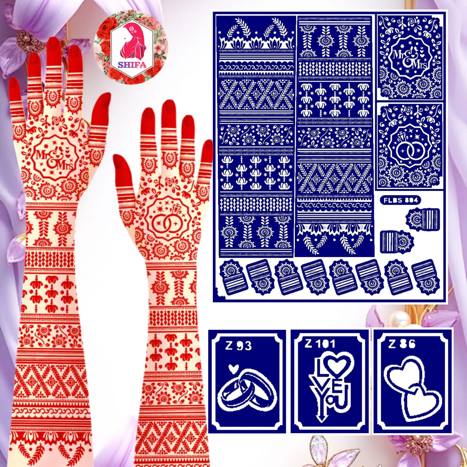 FLBS 804 Mr & Mrs Wedding Royale Set (3z) Sticker Overview Henna Stencil - Shifa Stencil